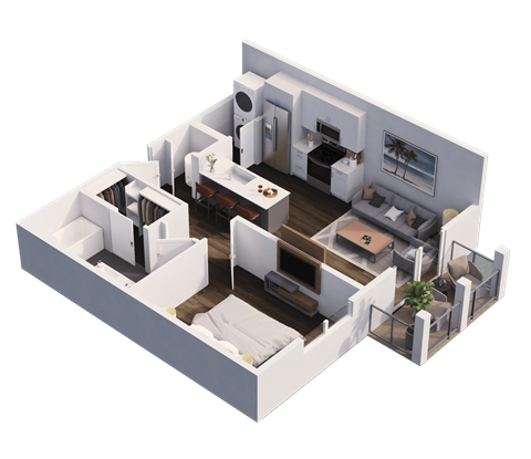Floor plan for 1 bed, 1 bath, 619 sqft